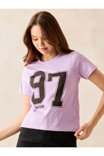 Outzidr By Styli Lilac Crew Neck Graphic T-Shirt- 100% Cotton