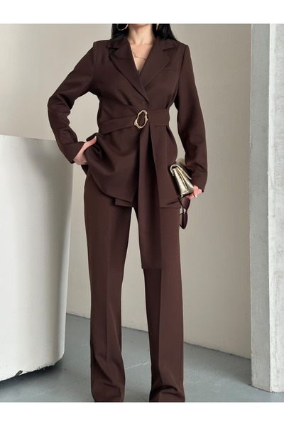 MYGİYİMİSTANBUL Blazer Jacket Wide Leg Pants Set with a Wide Fabric Belt Tied at the Waist