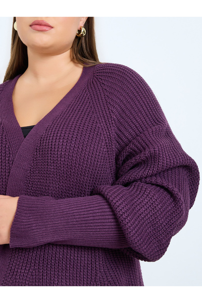 Styli Plus Size Purple Chunky Knit Long Cardigan