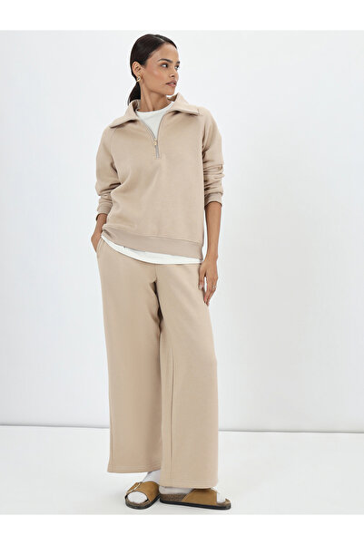 Femmella By Styli Beige Half Zipper Fleece Sweatshirt