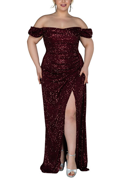 Arden Plus Size Evening Dress, Sequin Sequin Boat Neck, Wedding with Slit, Engagement Junior Evening Dress, Graduation Dress, 42-50