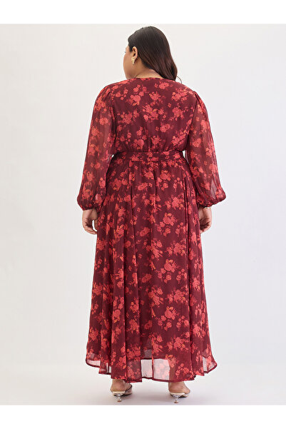 Femmella By Styli Plus Size Maroon Floral Print Wrap Maxi Dress