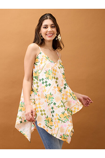 Globus By Styli Floral Fruit Print Asymmetric Hem Fusion Tunic