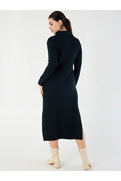 Styli Black High Neck Side Slit Knitted Midi Dress
