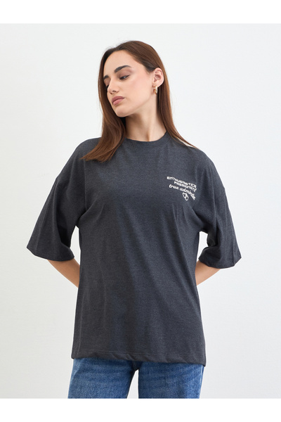 Styli Charcoal Slogan Print Oversized T-Shirt