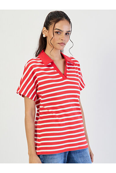 Femmella By Styli Red Striped Polo Knit T-Shirt