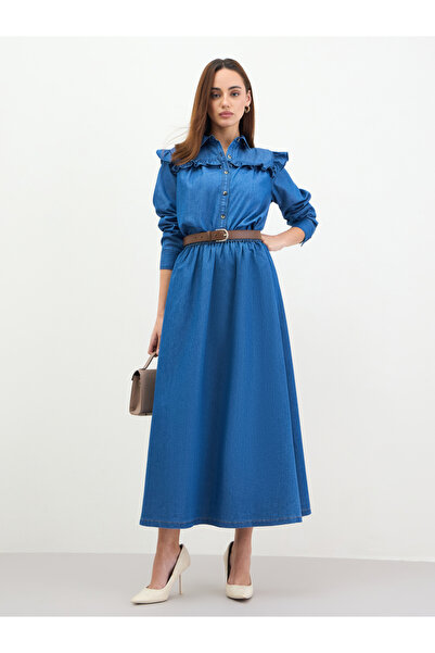 Styli Denim Ruffle Detail Buttoned Shirt