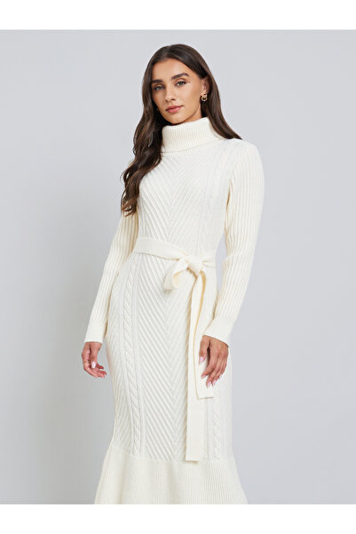 Styli Off White Midi Sweater Dress with Belt