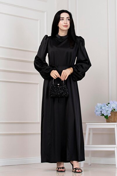 Sevitli Βραδινό φόρεμα με κορδόνι στη μέση και μανίκια μπαλόνι-ΜΑΥΡΟ