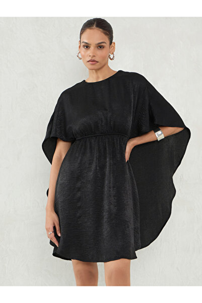 Styli Black Satin Cape Sleeve Mini Dress