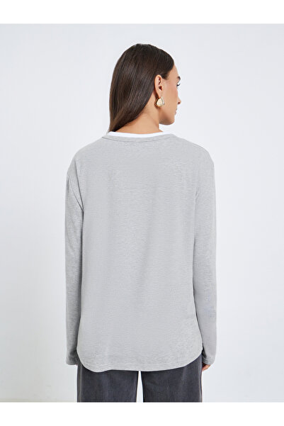 Styli Grey Oversized Knit Contrast Neckline T-Shirt