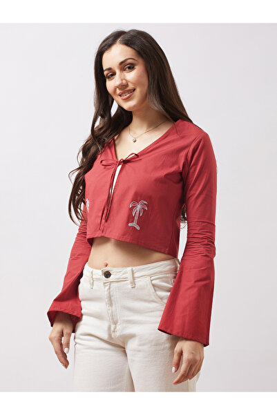 Globus By Styli Women Brown Tie-Up Neck Embroidered Detail Crop Top