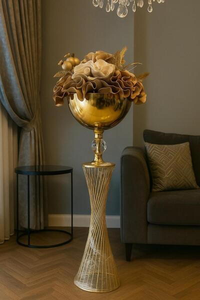 İSHTAR DEKOR LÜKS GÖK VAZO - LATEX ARANJMAN - METAL GOLD SAKSI