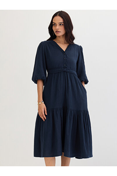 Styli Dark Blue Cotton Knot Detail Midi Dress