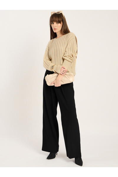 Femmella By Styli Beige Ribbed Knit Crew Neck Sweater