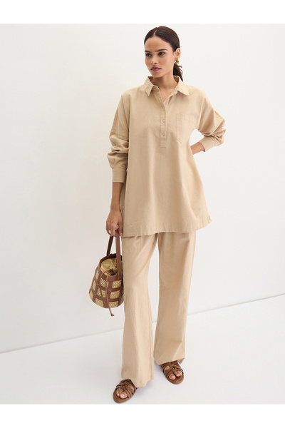 Femmella By Styli Beige Cotton Linen Straight Fit Pants