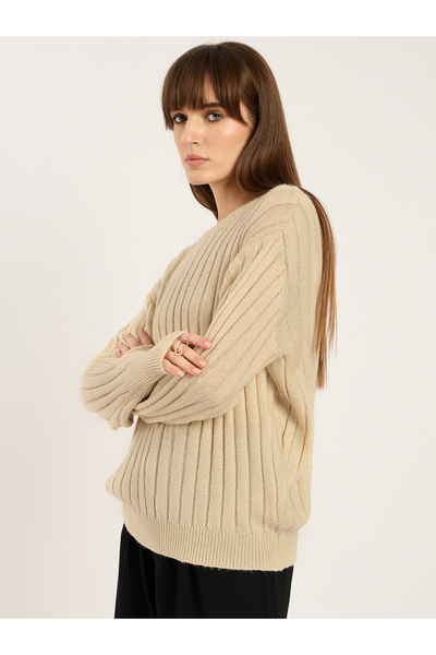 Femmella By Styli Beige Ribbed Knit Crew Neck Sweater