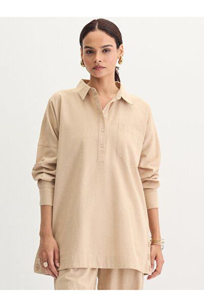 Femmella By Styli Beige Cotton Linen Button Detail Tunic