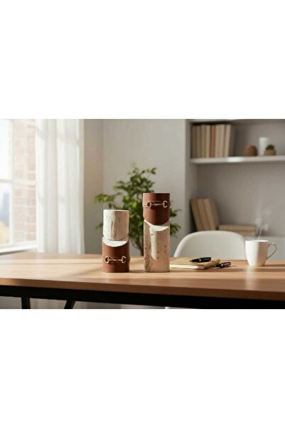 PELLE DESİGN Traverten Mumluk 2li Şamdan Deri Detaylı Mumluk