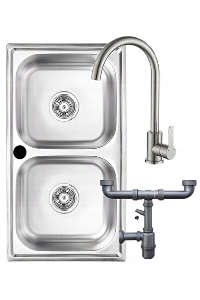 Other Zlewozmywak wpuszczany dwukomorowy 78x43 cm stalowy z baterią i syfonem