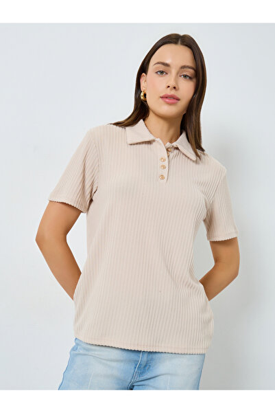 Styli Beige Ribbed Short Sleeve Polo T-Shirt