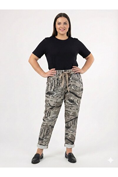 della moor Women's Beige Italian Feather Patterned L Stretch Fabric Elastic Waist Narrow Leg Trousers Size 40 - 48