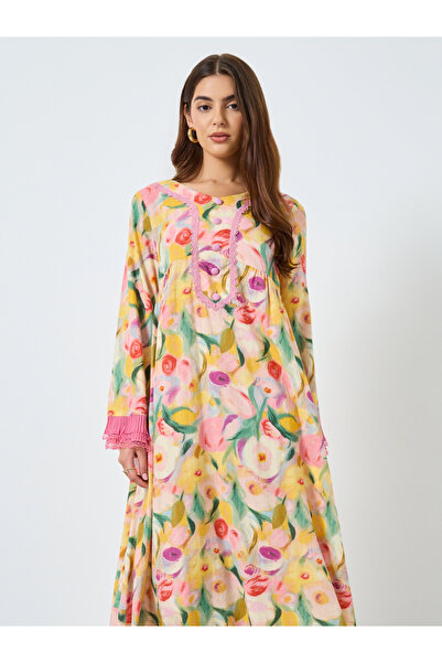 Take Two By Styli Floral Printed Patchwork Lace Detail Maxi Dress