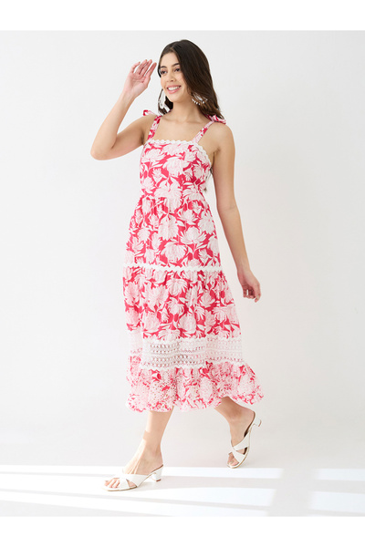 Globus By Styli Red Floral Print Tie-Up Strappy Tiered Midi Dress