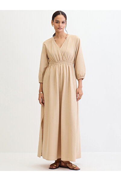 Styli Beige Linen Blend Slit Detail Maxi Dress