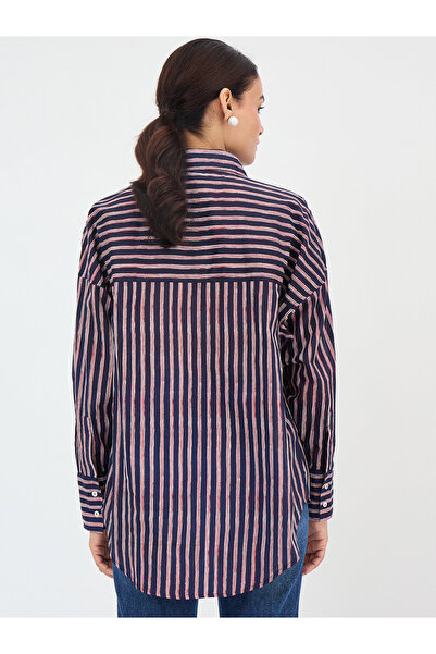 Femmella By Styli Navy Cotton Stripe Oversized Shirt