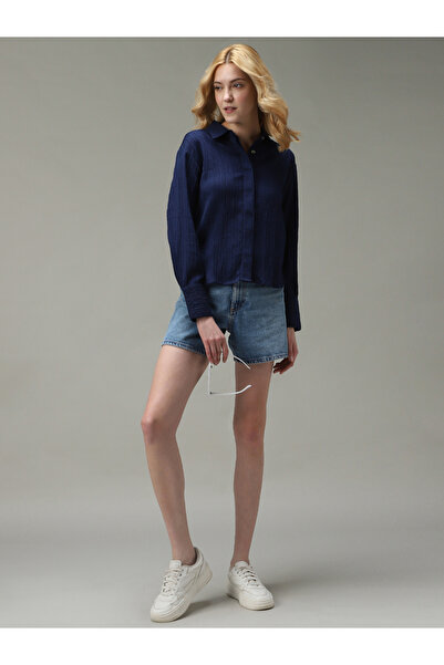 Outzidr By Styli Navy Blue Side Button Detail Textured Shirt