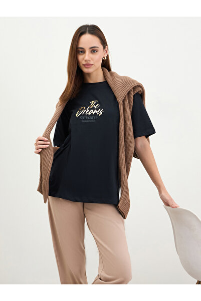 Styli Black Slogan Print Oversized T-Shirt