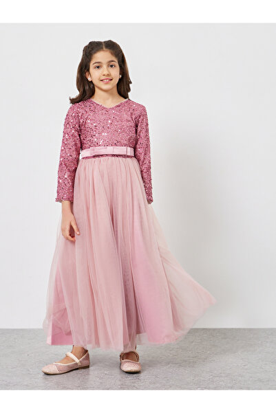 Take Two By Styli فستان ماكسي مزين بالترتر مع فيونكة للبنات