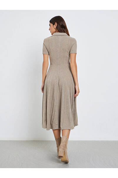 Styli Beige Knit Midi Dress with Open Collar
