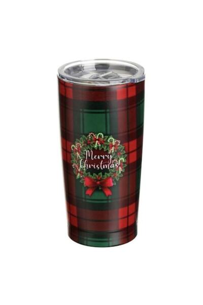 OEM Metallic Christmas Insulated Cup - Red Checkered Print with Transparent Lid, 600ml