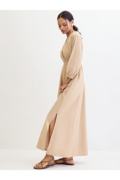 Styli Beige Linen Blend Slit Detail Maxi Dress