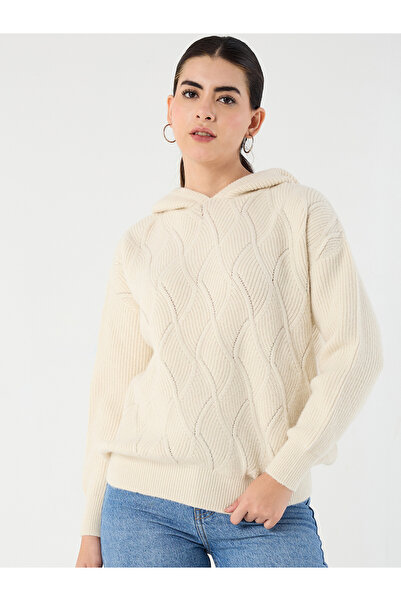 Femmella By Styli Cream Pointelle Oversized Hooded Sweater
