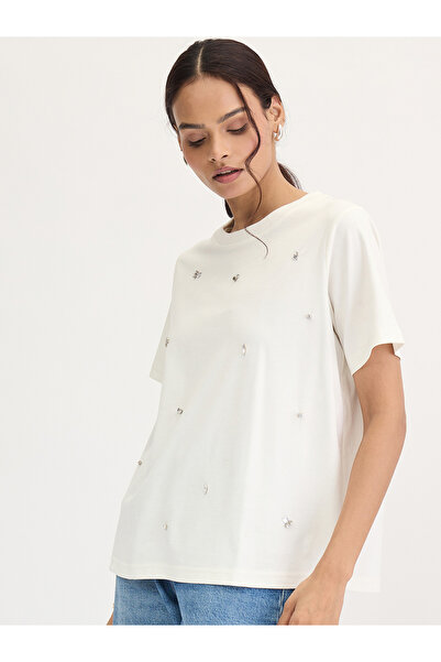 Femmella By Styli White Rhinestone Embellished Short Sleeve T-Shirt