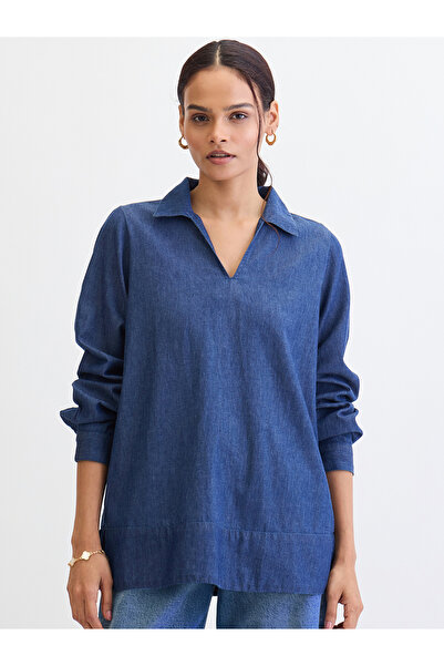 Femmella By Styli بلوزة جينز بأكمام مطوية باللون الأزرق الداكن