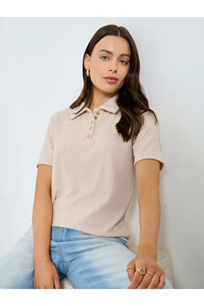 Styli Beige Ribbed Short Sleeve Polo T-Shirt