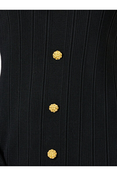 Styli Black Textured Knit Midi Dress with Buttons