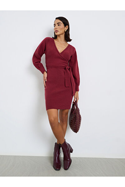 Styli Maroon Sweater Knit Mini Dress with Tie Belt
