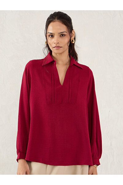 Femmella By Styli Maroon Collared Top with 3/4 Sleeves