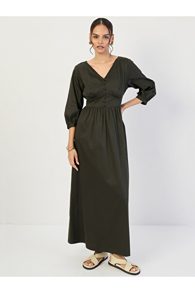 Styli Olive Cotton Corset Detailing Maxi Dress