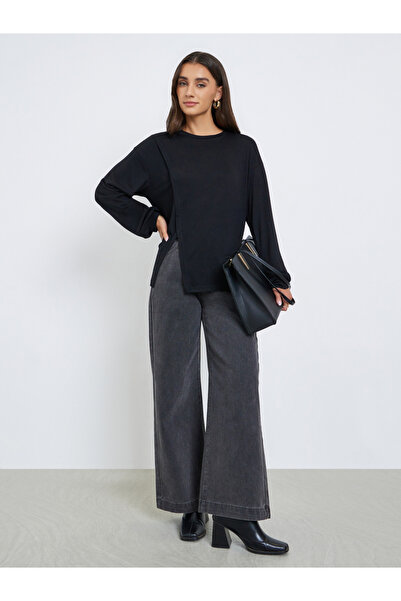 Styli Black Oversized Long Sleeve Side Slit T-Shirt