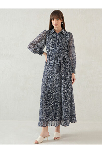 Styli Navy Floral Printed Balloon Sleeve Maxi Dress