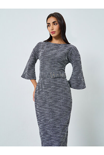 Styli Tweed Bell Sleeve Belted Midi Dress
