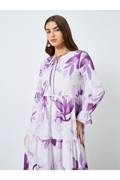 Take Two By Styli Floral Printed Tie-Up Neck Long Sleeve Midi Dress