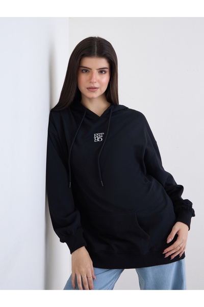 Styli Black Embroidered Oversized Hoodie