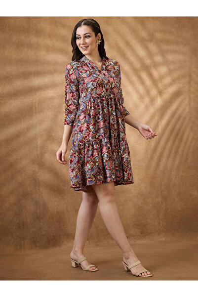 Globus By Styli Floral Print V Neck Tiered Mini Fusion Dress